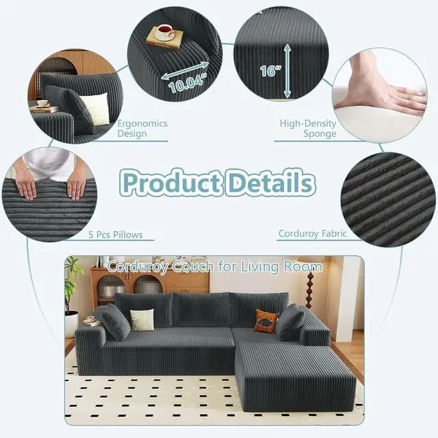 Alt view image 3 of 6 - 96" Cloud Sectional Couch with L-Shape Chaise, Modern Corduroy Boneless Couch for Living Room,Memory Foam Sofa with Deep Seat,No Assembly Required (Grey,Right-Facing Chaise)