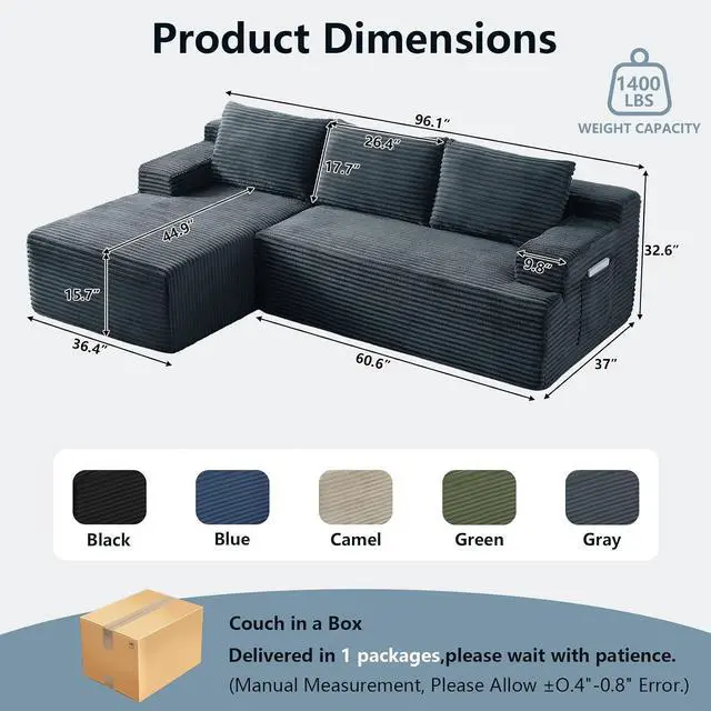 Alt view image 2 of 7 - 96" Cloud Sectional Couch with L-Shape Chaise, Modern Corduroy Boneless Couch for Living Room,Memory Foam Sofa with Deep Seat,No Assembly Required (Dark Gray,Left-Facing Chaise)
