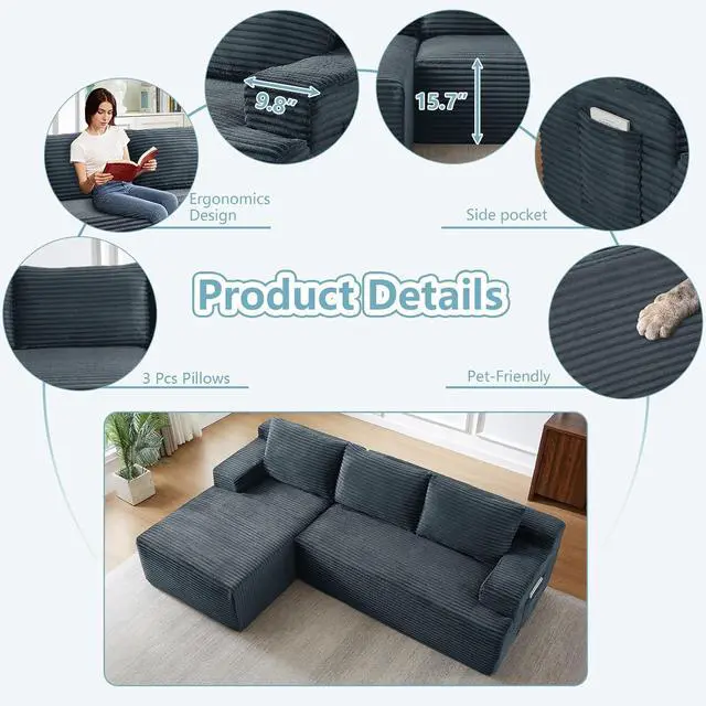 Alt view image 3 of 7 - 96" Cloud Sectional Couch with L-Shape Chaise, Modern Corduroy Boneless Couch for Living Room,Memory Foam Sofa with Deep Seat,No Assembly Required (Dark Gray,Left-Facing Chaise)