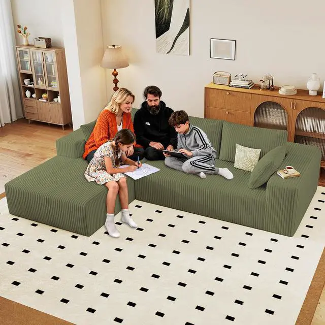 Main image of 96" Cloud Sectional Couch with L-Shape Chaise, Modern Corduroy Boneless Couch for Living Room,Memory Foam Sofa with Deep Seat,No Assembly Required (Green,Left-Facing Chaise)