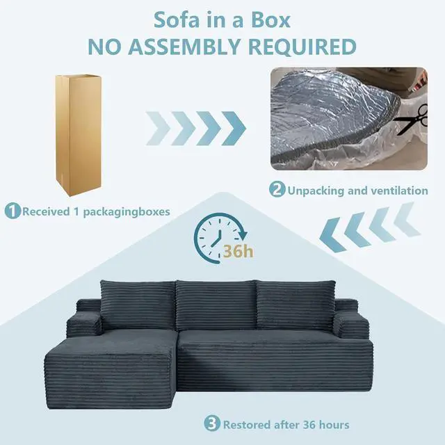 Alt view image 6 of 7 - 96" Cloud Sectional Couch with L-Shape Chaise, Modern Corduroy Boneless Couch for Living Room,Memory Foam Sofa with Deep Seat,No Assembly Required (Dark Gray,Left-Facing Chaise)