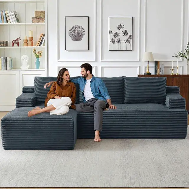 Alt view image 5 of 7 - 96" Cloud Sectional Couch with L-Shape Chaise, Modern Corduroy Boneless Couch for Living Room,Memory Foam Sofa with Deep Seat,No Assembly Required (Dark Gray,Left-Facing Chaise)