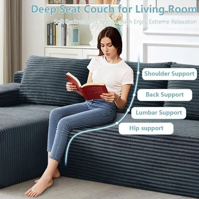 Alt view image 7 of 7 - 96" Cloud Sectional Couch with L-Shape Chaise, Modern Corduroy Boneless Couch for Living Room,Memory Foam Sofa with Deep Seat,No Assembly Required (Dark Gray,Left-Facing Chaise)