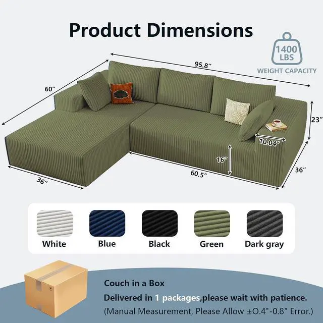 Alt view image 2 of 6 - 96" Cloud Sectional Couch with L-Shape Chaise, Modern Corduroy Boneless Couch for Living Room,Memory Foam Sofa with Deep Seat,No Assembly Required (Green,Left-Facing Chaise)