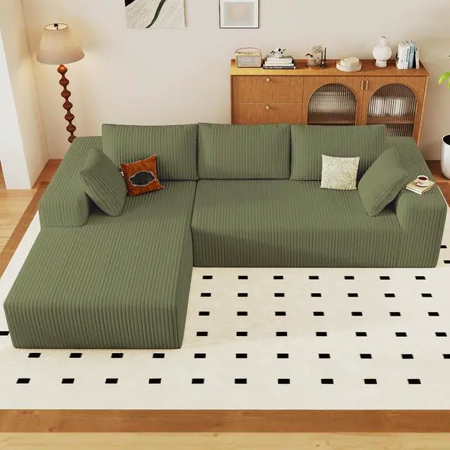 Alt view image 3 of 6 - 96" Cloud Sectional Couch with L-Shape Chaise, Modern Corduroy Boneless Couch for Living Room,Memory Foam Sofa with Deep Seat,No Assembly Required (Green,Left-Facing Chaise)