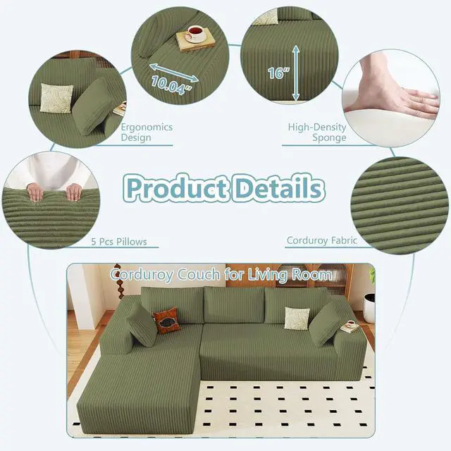 Alt view image 4 of 6 - 96" Cloud Sectional Couch with L-Shape Chaise, Modern Corduroy Boneless Couch for Living Room,Memory Foam Sofa with Deep Seat,No Assembly Required (Green,Left-Facing Chaise)