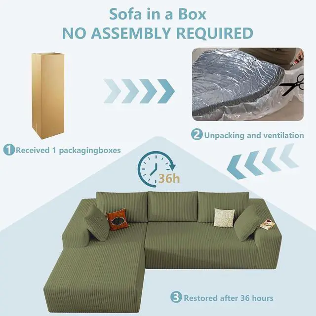Alt view image 6 of 6 - 96" Cloud Sectional Couch with L-Shape Chaise, Modern Corduroy Boneless Couch for Living Room,Memory Foam Sofa with Deep Seat,No Assembly Required (Green,Left-Facing Chaise)