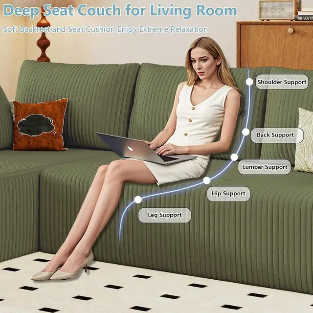 Alt view image 5 of 6 - 96" Cloud Sectional Couch with L-Shape Chaise, Modern Corduroy Boneless Couch for Living Room,Memory Foam Sofa with Deep Seat,No Assembly Required (Green,Left-Facing Chaise)