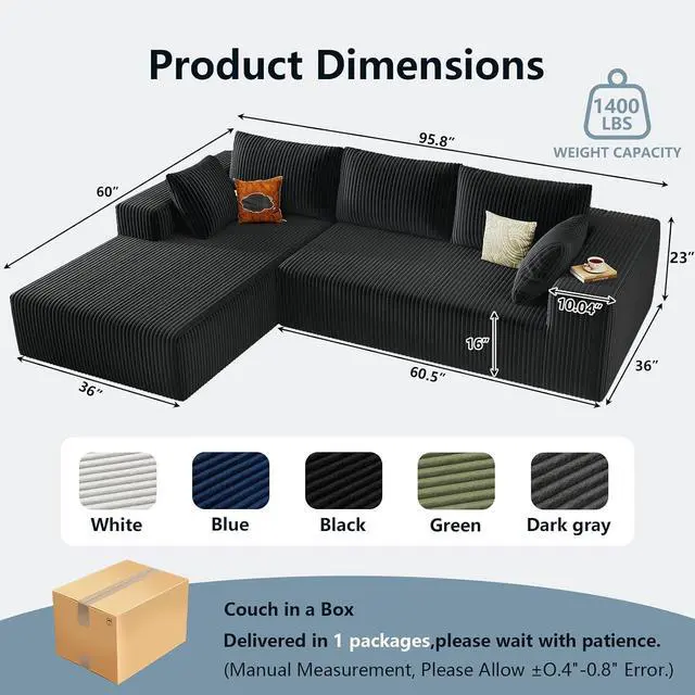 Alt view image 2 of 6 - 96" Cloud Sectional Couch with L-Shape Chaise, Modern Corduroy Boneless Couch for Living Room,Memory Foam Sofa with Deep Seat,No Assembly Required (Black,Left-Facing Chaise)