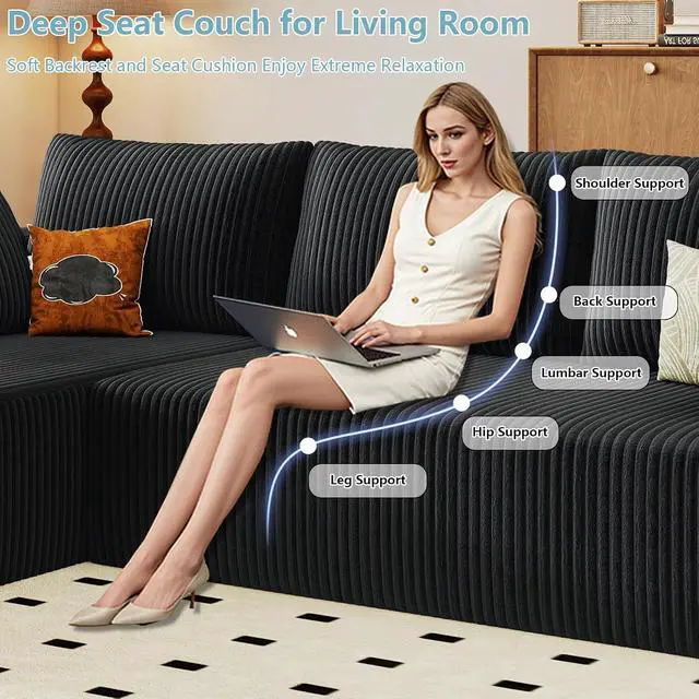 Alt view image 3 of 6 - 96" Cloud Sectional Couch with L-Shape Chaise, Modern Corduroy Boneless Couch for Living Room,Memory Foam Sofa with Deep Seat,No Assembly Required (Black,Left-Facing Chaise)