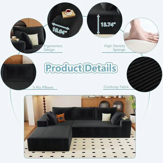 Alt view image 4 of 6 - 96" Cloud Sectional Couch with L-Shape Chaise, Modern Corduroy Boneless Couch for Living Room,Memory Foam Sofa with Deep Seat,No Assembly Required (Black,Left-Facing Chaise)