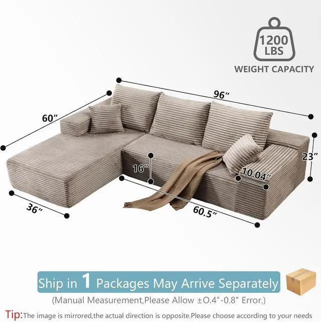 Alt view image 2 of 7 - 96" Boneless Couches for Living Room, Modular Cloud Memory Foam Couch Sectional with L-Shape Chaise, Couch in a Box Spineless Corduroy Compressed Sofa for Dorm Apartment (Camel,Left-Facing Chaise)