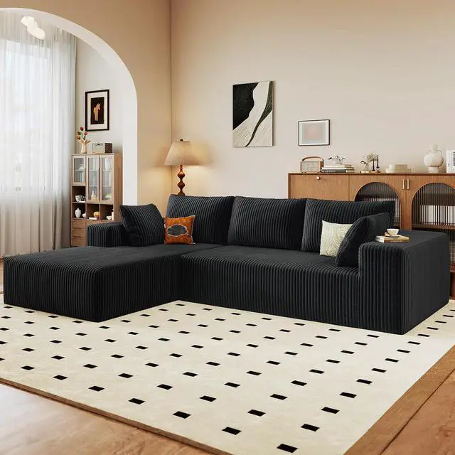 Alt view image 6 of 6 - 96" Cloud Sectional Couch with L-Shape Chaise, Modern Corduroy Boneless Couch for Living Room,Memory Foam Sofa with Deep Seat,No Assembly Required (Black,Left-Facing Chaise)