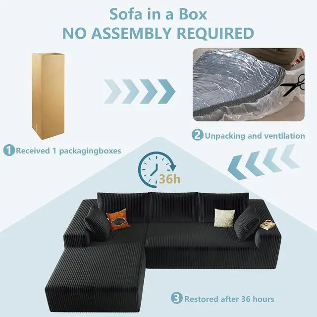 Alt view image 5 of 6 - 96" Cloud Sectional Couch with L-Shape Chaise, Modern Corduroy Boneless Couch for Living Room,Memory Foam Sofa with Deep Seat,No Assembly Required (Black,Left-Facing Chaise)