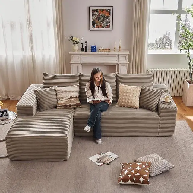 Alt view image 3 of 7 - 96" Boneless Couches for Living Room, Modular Cloud Memory Foam Couch Sectional with L-Shape Chaise, Couch in a Box Spineless Corduroy Compressed Sofa for Dorm Apartment (Camel,Left-Facing Chaise)