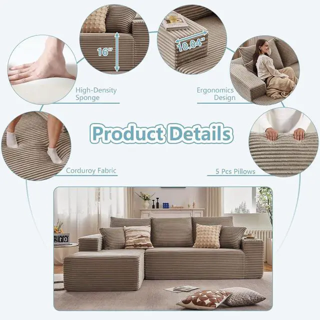 Alt view image 5 of 7 - 96" Boneless Couches for Living Room, Modular Cloud Memory Foam Couch Sectional with L-Shape Chaise, Couch in a Box Spineless Corduroy Compressed Sofa for Dorm Apartment (Camel,Left-Facing Chaise)
