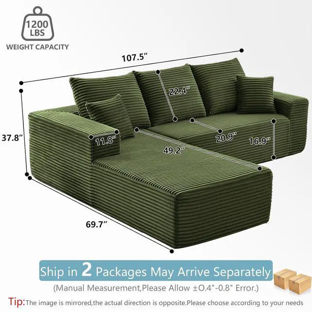 Alt view image 2 of 7 - 107" W Cloud Sectional Couch with L-Shape Chaise, Modern Corduroy Boneless Couch for Living Room,Memory Foam Sofa with Deep Seat,No Assembly Required (Green,Left-Facing Chaise)