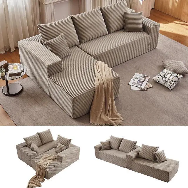 Alt view image 7 of 7 - 96" Boneless Couches for Living Room, Modular Cloud Memory Foam Couch Sectional with L-Shape Chaise, Couch in a Box Spineless Corduroy Compressed Sofa for Dorm Apartment (Camel,Left-Facing Chaise)