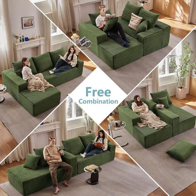 Alt view image 3 of 7 - 107" W Cloud Sectional Couch with L-Shape Chaise, Modern Corduroy Boneless Couch for Living Room,Memory Foam Sofa with Deep Seat,No Assembly Required (Green,Left-Facing Chaise)