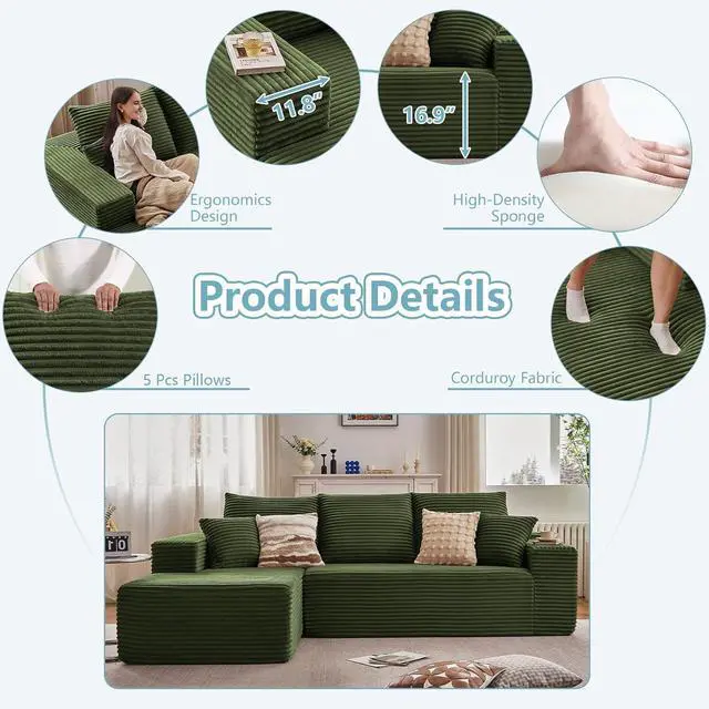 Alt view image 4 of 7 - 107" W Cloud Sectional Couch with L-Shape Chaise, Modern Corduroy Boneless Couch for Living Room,Memory Foam Sofa with Deep Seat,No Assembly Required (Green,Left-Facing Chaise)