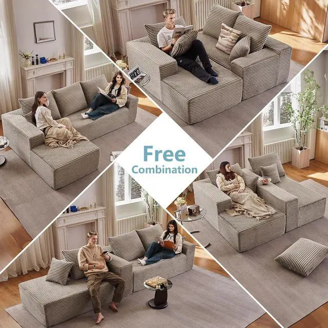 Alt view image 6 of 7 - 96" Boneless Couches for Living Room, Modular Cloud Memory Foam Couch Sectional with L-Shape Chaise, Couch in a Box Spineless Corduroy Compressed Sofa for Dorm Apartment (Camel,Left-Facing Chaise)