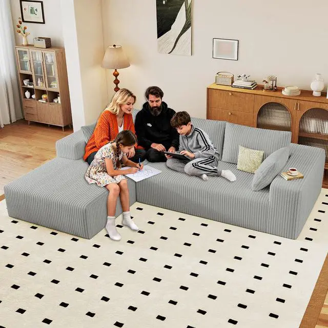 Main image of 96" Cloud Sectional Couch with L-Shape Chaise, Modern Corduroy Boneless Couch for Living Room,Memory Foam Sofa with Deep Seat,No Assembly Required (Grey,Left-Facing Chaise)
