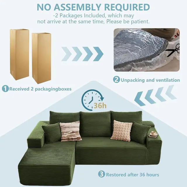 Alt view image 7 of 7 - 107" W Cloud Sectional Couch with L-Shape Chaise, Modern Corduroy Boneless Couch for Living Room,Memory Foam Sofa with Deep Seat,No Assembly Required (Green,Left-Facing Chaise)