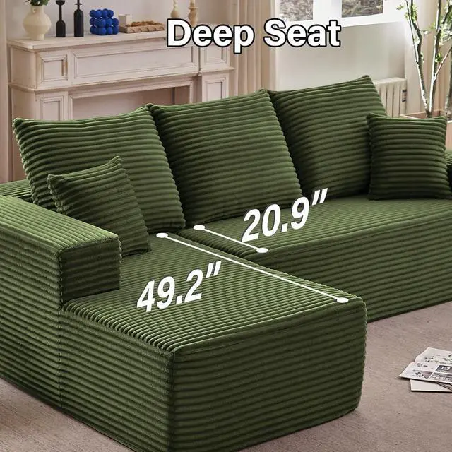 Alt view image 6 of 7 - 107" W Cloud Sectional Couch with L-Shape Chaise, Modern Corduroy Boneless Couch for Living Room,Memory Foam Sofa with Deep Seat,No Assembly Required (Green,Left-Facing Chaise)