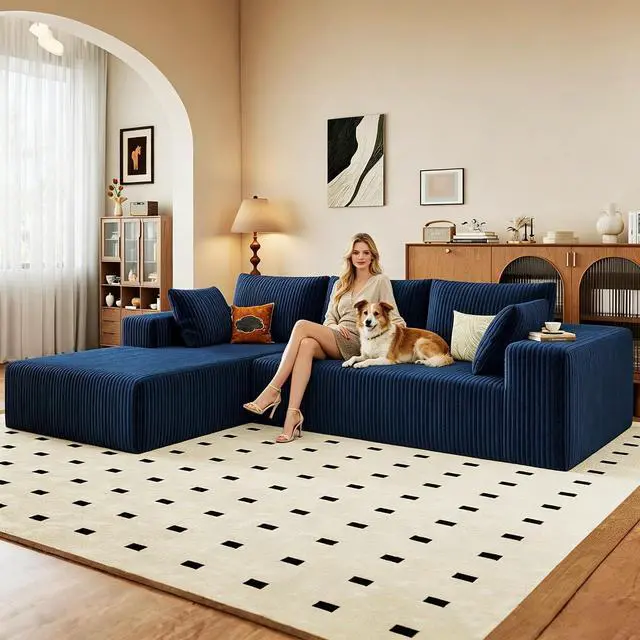 Main image of 96" Boneless Couches for Living Room,Cloud Sectional Couch with L-Shape Chaise, Modular Corduroy Memory Foam Sofa with Deep Seat for Apartment, No Assembly Required(Blue,Left-Facing Chaise)