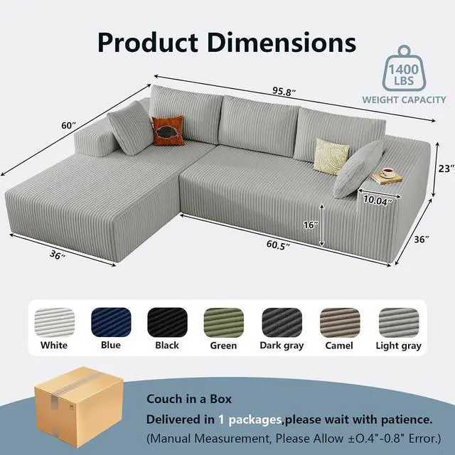 Alt view image 2 of 6 - 96" Cloud Sectional Couch with L-Shape Chaise, Modern Corduroy Boneless Couch for Living Room,Memory Foam Sofa with Deep Seat,No Assembly Required (Grey,Left-Facing Chaise)