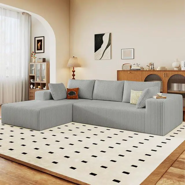Alt view image 4 of 6 - 96" Cloud Sectional Couch with L-Shape Chaise, Modern Corduroy Boneless Couch for Living Room,Memory Foam Sofa with Deep Seat,No Assembly Required (Grey,Left-Facing Chaise)