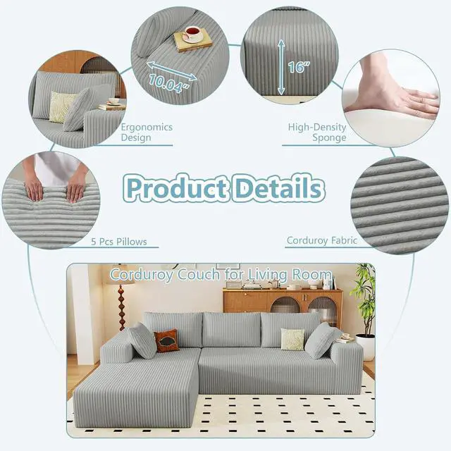 Alt view image 3 of 6 - 96" Cloud Sectional Couch with L-Shape Chaise, Modern Corduroy Boneless Couch for Living Room,Memory Foam Sofa with Deep Seat,No Assembly Required (Grey,Left-Facing Chaise)