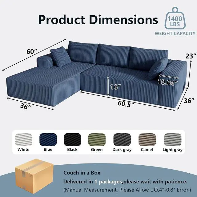 Alt view image 2 of 7 - 96" Boneless Couches for Living Room,Cloud Sectional Couch with L-Shape Chaise, Modular Corduroy Memory Foam Sofa with Deep Seat for Apartment, No Assembly Required(Blue,Left-Facing Chaise)