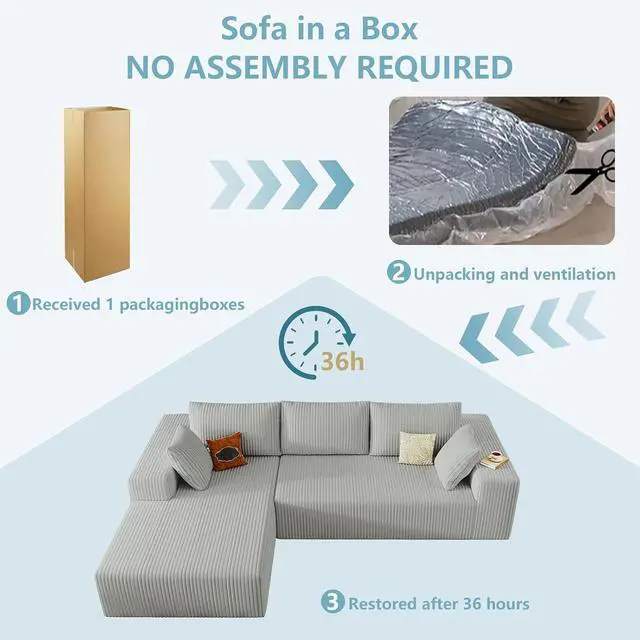 Alt view image 5 of 6 - 96" Cloud Sectional Couch with L-Shape Chaise, Modern Corduroy Boneless Couch for Living Room,Memory Foam Sofa with Deep Seat,No Assembly Required (Grey,Left-Facing Chaise)
