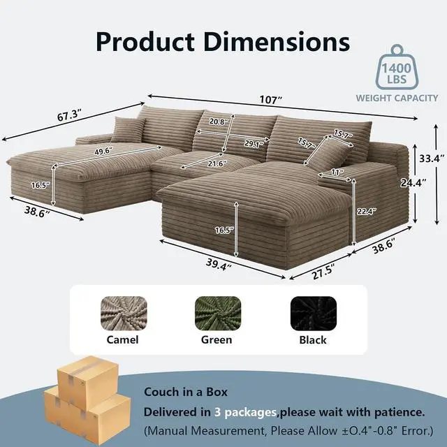 Alt view image 2 of 7 - 107" Cloud Sectional Couch with U-Shaped Chaise,Corduroy Viral Boneless Sofa with Ottoman,Memory Foam Couches in a Box with Deep Seat for Living Room,No Assembly Required (Camel,Left-Facing Chaise)