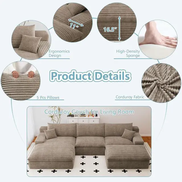Alt view image 4 of 7 - 107" Cloud Sectional Couch with U-Shaped Chaise,Corduroy Viral Boneless Sofa with Ottoman,Memory Foam Couches in a Box with Deep Seat for Living Room,No Assembly Required (Camel,Left-Facing Chaise)
