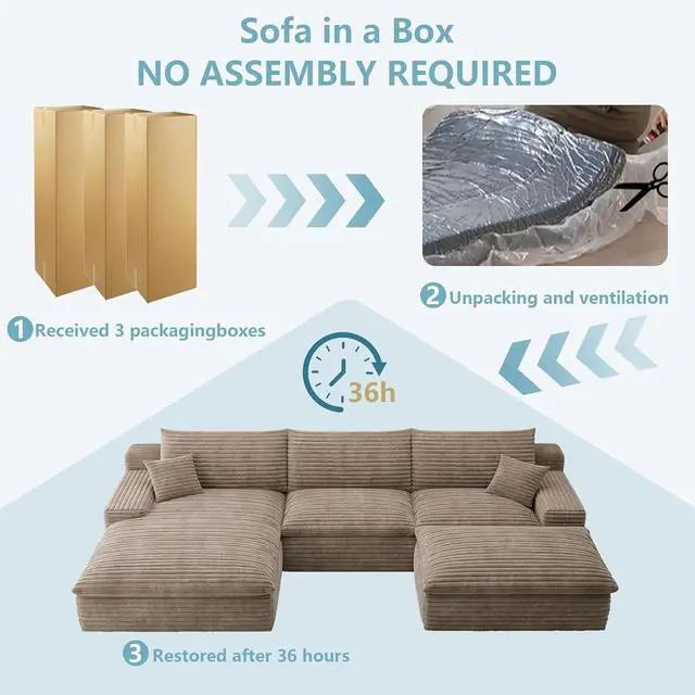 Alt view image 7 of 7 - 107" Cloud Sectional Couch with U-Shaped Chaise,Corduroy Viral Boneless Sofa with Ottoman,Memory Foam Couches in a Box with Deep Seat for Living Room,No Assembly Required (Camel,Left-Facing Chaise)