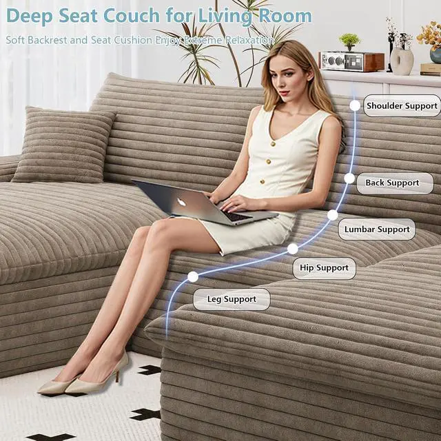 Alt view image 5 of 7 - 107" Cloud Sectional Couch with U-Shaped Chaise,Corduroy Viral Boneless Sofa with Ottoman,Memory Foam Couches in a Box with Deep Seat for Living Room,No Assembly Required (Camel,Left-Facing Chaise)