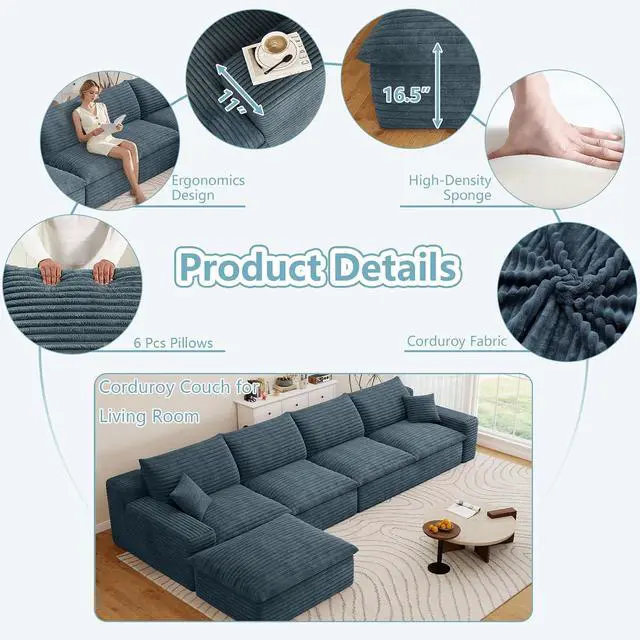 Alt view image 3 of 7 - 136" Cloud Sectional Couch with L-Shaped Chaise,4-Seater Corduroy Viral Boneless Sofa with Ottoman,Memory Foam Couches in a Box with Deep Seat for Living Room,No Assembly Required,Blue