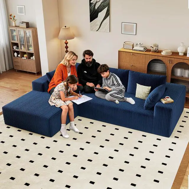 Alt view image 3 of 7 - 96" Boneless Couches for Living Room,Cloud Sectional Couch with L-Shape Chaise, Modular Corduroy Memory Foam Sofa with Deep Seat for Apartment, No Assembly Required(Blue,Left-Facing Chaise)