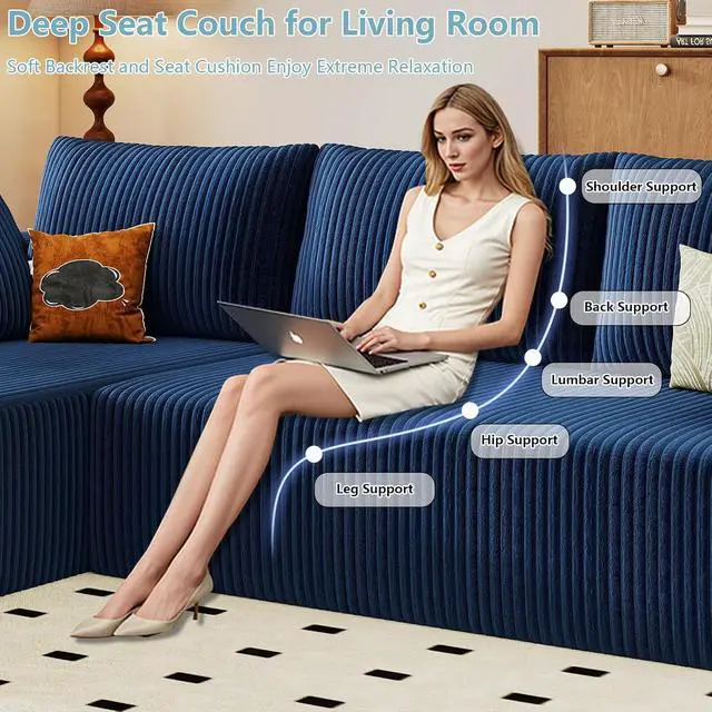 Alt view image 4 of 7 - 96" Boneless Couches for Living Room,Cloud Sectional Couch with L-Shape Chaise, Modular Corduroy Memory Foam Sofa with Deep Seat for Apartment, No Assembly Required(Blue,Left-Facing Chaise)