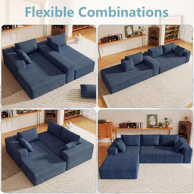 Alt view image 5 of 7 - 96" Boneless Couches for Living Room,Cloud Sectional Couch with L-Shape Chaise, Modular Corduroy Memory Foam Sofa with Deep Seat for Apartment, No Assembly Required(Blue,Left-Facing Chaise)