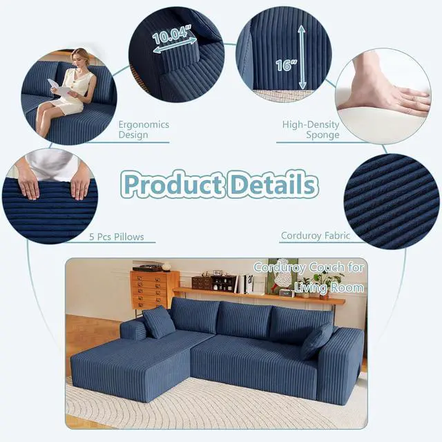 Alt view image 7 of 7 - 96" Boneless Couches for Living Room,Cloud Sectional Couch with L-Shape Chaise, Modular Corduroy Memory Foam Sofa with Deep Seat for Apartment, No Assembly Required(Blue,Left-Facing Chaise)