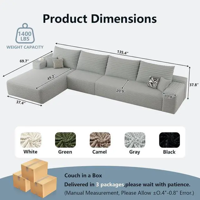 Alt view image 2 of 7 - 135.4" Cloud Sectional Couch with L-Shape Chaise, Modern Corduroy Boneless Couch for Living Room,Memory Foam Sofa with Deep Seat,No Assembly Required (Grey,Left-Facing Chaise)