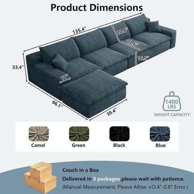 Alt view image 2 of 7 - 136" Cloud Sectional Couch with L-Shaped Chaise,4-Seater Corduroy Viral Boneless Sofa with Ottoman,Memory Foam Couches in a Box with Deep Seat for Living Room,No Assembly Required,Blue