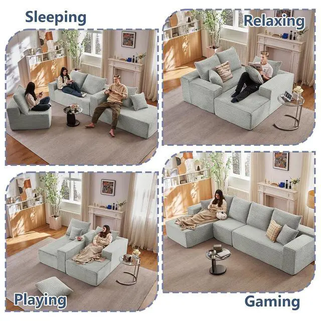 Alt view image 4 of 7 - 135.4" Cloud Sectional Couch with L-Shape Chaise, Modern Corduroy Boneless Couch for Living Room,Memory Foam Sofa with Deep Seat,No Assembly Required (Grey,Left-Facing Chaise)
