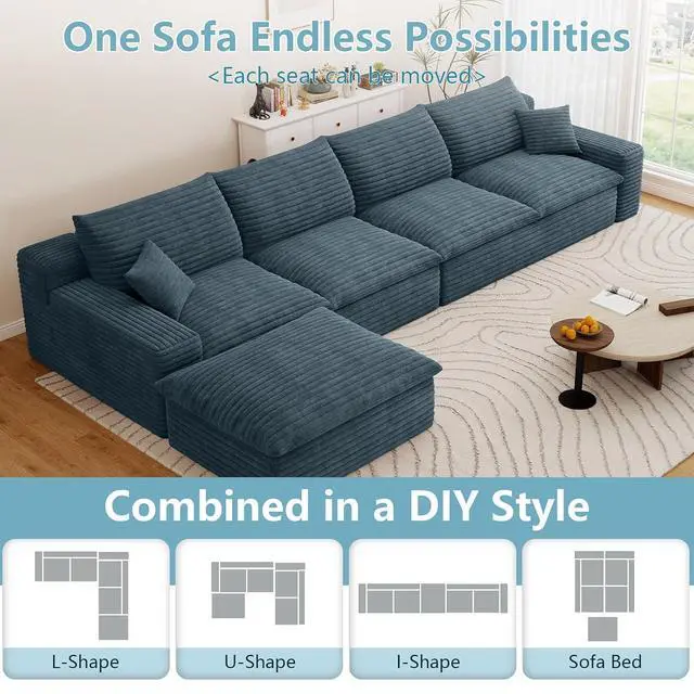 Alt view image 5 of 7 - 136" Cloud Sectional Couch with L-Shaped Chaise,4-Seater Corduroy Viral Boneless Sofa with Ottoman,Memory Foam Couches in a Box with Deep Seat for Living Room,No Assembly Required,Blue
