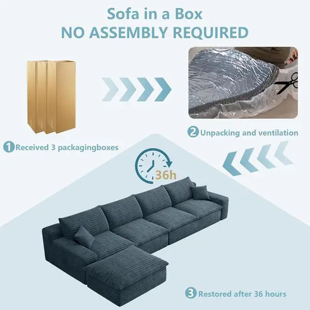 Alt view image 7 of 7 - 136" Cloud Sectional Couch with L-Shaped Chaise,4-Seater Corduroy Viral Boneless Sofa with Ottoman,Memory Foam Couches in a Box with Deep Seat for Living Room,No Assembly Required,Blue