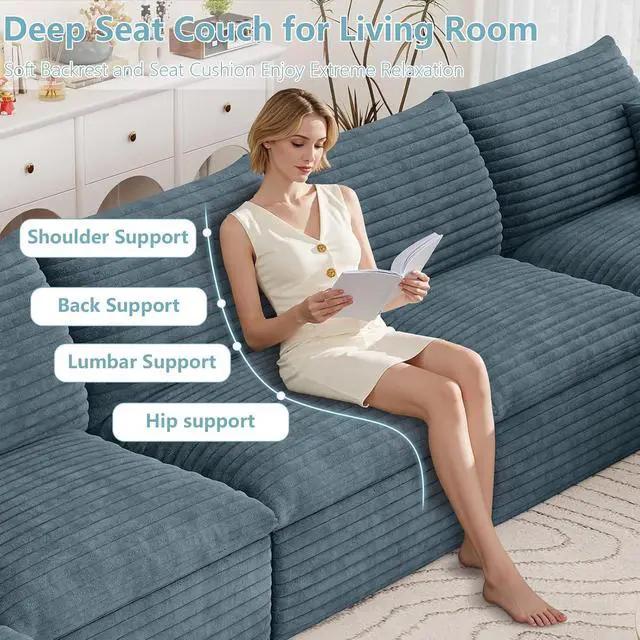 Alt view image 6 of 7 - 136" Cloud Sectional Couch with L-Shaped Chaise,4-Seater Corduroy Viral Boneless Sofa with Ottoman,Memory Foam Couches in a Box with Deep Seat for Living Room,No Assembly Required,Blue