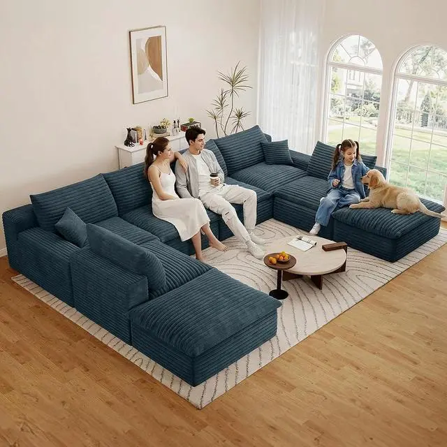 Alt view image 3 of 7 - 136" Cloud Sectional Couch with U-Shaped Chaise,6-Seater Corduroy Viral Boneless Sofa with Ottoman,Memory Foam Couches in a Box with Deep Seat for Living Room,No Assembly Required, Blue